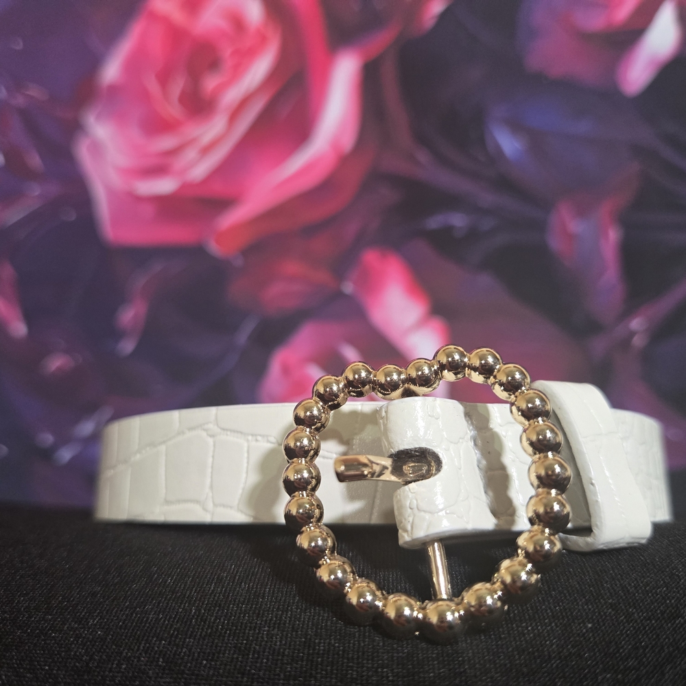 White Croc-Embossed Belt with Gold Buckle